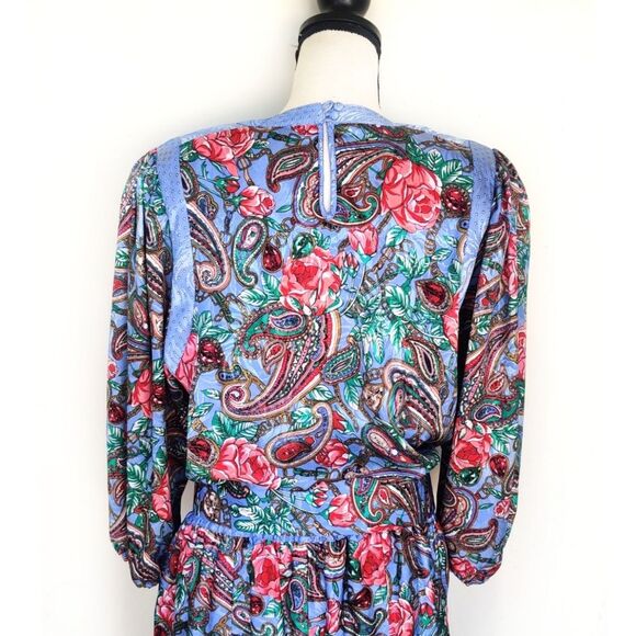 Diane Freis Vintage Blue Floral Dress With Belt Size Medium Large - Picture 10 of 11